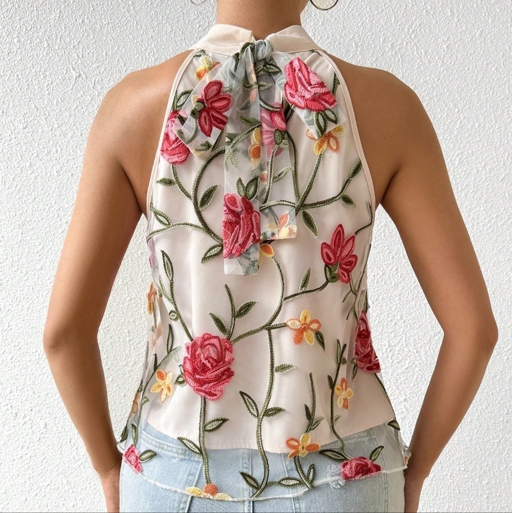 Floral Embroidered Mesh Halter Neck Blouse - Picture 3 of 4